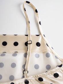 SHEIN Franclia Women's Spring And Summer Polka-Dot Satin Camisole, In Champagne Color And Classic Black Polka-Dot Print, With Swung Collar Design And Pleated Waist, Elegant Women's Top, Suitable For Casual Commuting, Dates, Parties And Casual And Sophisticated Dressing Scenes. Product Features Include: Women's Camisole, Polka Dot Satin Top, Swing Collar Design Suspenders - Apricot - View 3
