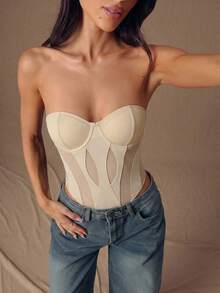 SHEIN BAE Bộ đồ liền thân màu đen gợi cảm, xuyên thấu, phối lưới, bất đối xứng, không dây đeo vai, thích hợp cho mùa thu/đông, Giáng sinh, Halloween, Ngày của người chết. - Màu be - Xem 7