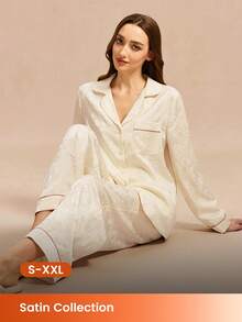 LUVLETTE Spring And Summer Comfortable Cream Satin Pajama Set - Loose-Fit Long-Sleeve Top & Pants With Red Trim All-Day Cozy Lounge Wear Pyjama - Apricot - View 1