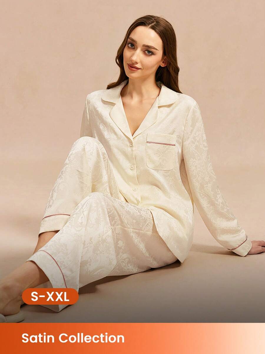 LUVLETTE Spring And Summer Comfortable Cream Satin Pajama Set - Loose-Fit Long-Sleeve Top & Pants With Red Trim All-Day Cozy Lounge Wear Pyjama - Apricot - View 1