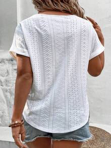 EMERY ROSE T-shirt basique décontracté en tissu jacquard blanc à col en V et revers de manchette, grande taille - Blanc - Voir 2
