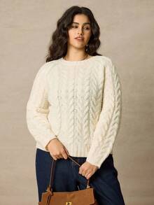 Juhart 女士纯色圆领抽绳休闲日常套头毛衣 - 杏色 - 查看 3