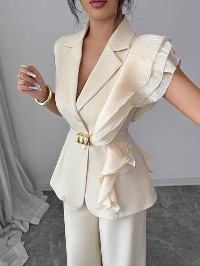 SHEIN Elenzya Women's Elegant Apricot Luxury Formal Dress Suit, Sequin Organza Ruffle Collar Tie Waist Blazer Suit Set, Including Sleeveless Jacket And Straight Leg Pants, Burgundy, Suitable For Halloween, Christmas, New Year Party, Graduation Ceremony, Wedding And Other Occasions.