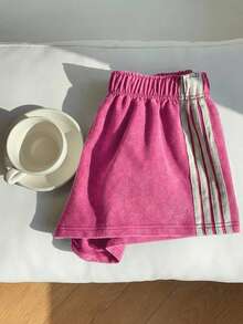 SHEIN EZwear 大码女式弹力腰撞色休闲百搭日常短裤 - 玫紅色 - 查看 3