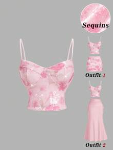 SHEIN MOD 女士粉色花卉图案亮片吊带背心 - 粉色 - 查看 3