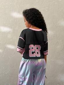 Coolane Kids 少女春夏V领网眼字母数字印花宽松短款T恤 - 黑色 - 查看 2