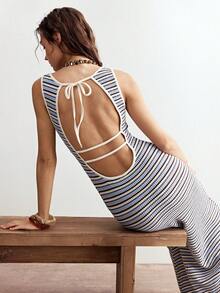 Bohemela 女士休闲针织条纹露背美人鱼连衣裙 - 藍色 - 查看 2