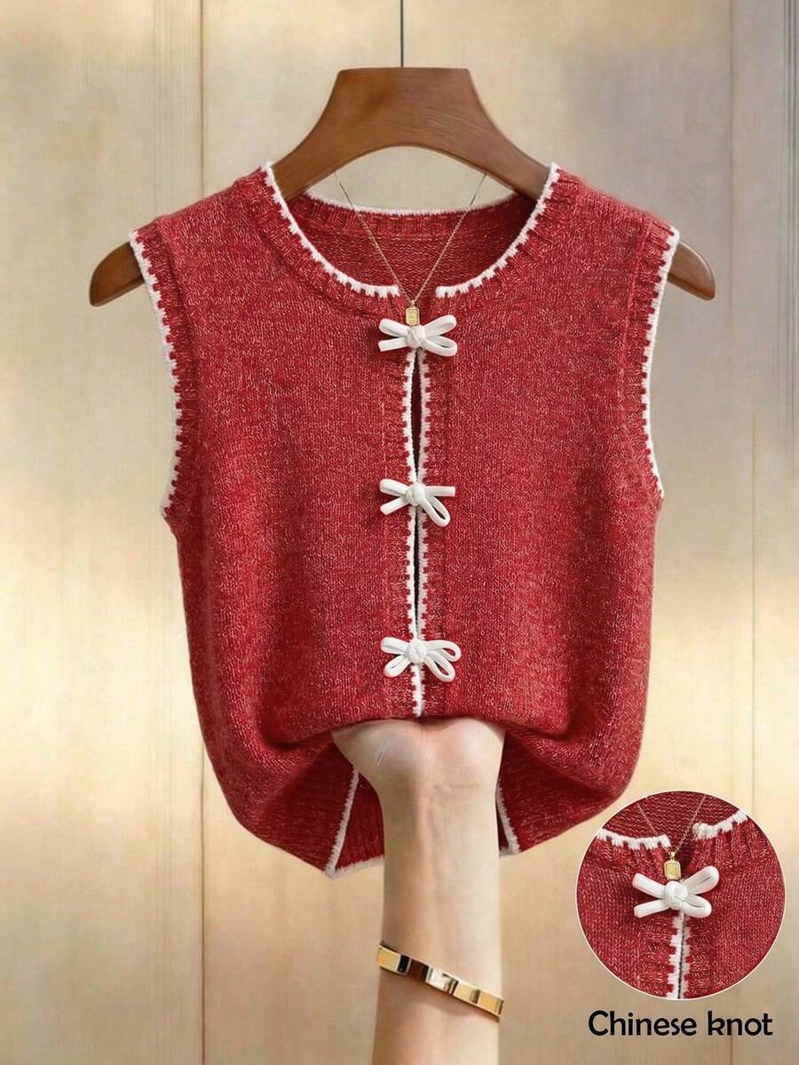 Franclia New Korean Design Contrast Stitching Layered Knit Vest For Women, Fashionable Casual Sleeveless Cardigan Sweater Top For Autumn/Winter - Redwood - View 1
