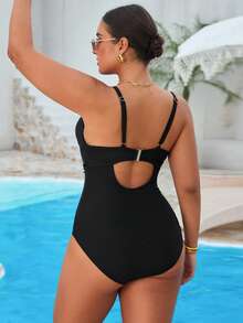 Swim Vcay Plus Size Women's Solid Color One-Piece Swimsuit With Steel Frame, Casual,Beach Outfits For Woman,Underwire Bikini For Summer Beach Vacation - Black - View 2