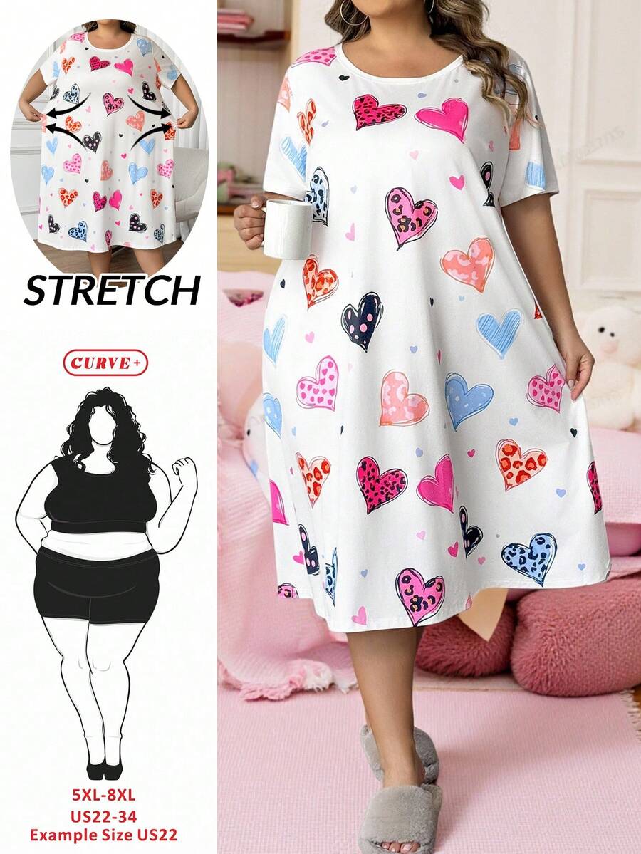 SHEIN CURVE+ Curve Plus 红色心形印花长裙，情人节 - 彩色 - 查看 1