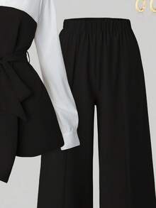 Franclia 简约优雅秋季衬衫和直筒开衩裤两件套 - 黑色 - 查看 4