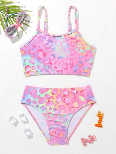 SHEIN Young Girls Bikini Sets - A Set Of Cute Multi-Color Leopard Print Knitted Fabric Tops With Shoulder Straps And Matching Bottoms For Girls. It Consists Of A Separate Top And A Triangle-Shaped Bottom. It Is Fashionable, Casual, Elegant And Exquisite. Suitable For Swimming, Summer Vacations, Beach, Seaside, Swimming Pool, Swimming Area, Summer Holidays And Casual Vacations.