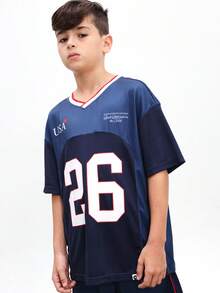 SUMWON Boys Navy V-Neck Jersey T-Shirt And Matching Shorts USA Number Print Two-Piece Set Casual Summer Sports Inspired Coordinate, World Cup 2026 Sporty Chic Game Day Football Blokecore Streetwear Jersey Kit - Blue - View 5