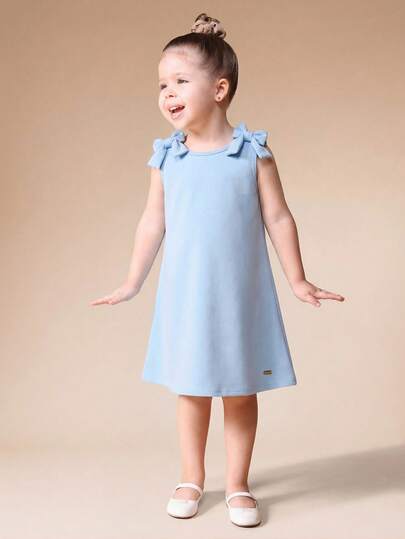 SUMWON 女童浅蓝色A字连衣裙，肩部饰有蝴蝶结，后背镂空设计，迷你无袖夏季休闲连衣裙