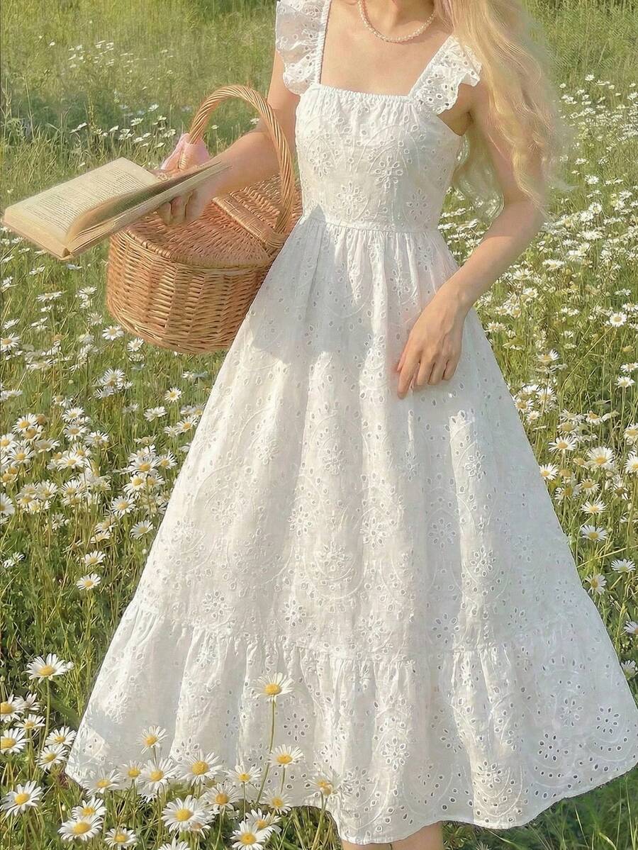 SHEIN 少女白色刺绣优雅短袖连衣裙 - 白色 - 查看 1