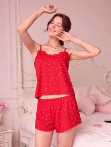 Bonmuse 女士睡衣套装，针织罗纹爱心印花撞色蕾丝边吊带背心和短裤，甜美、可爱又性感 - 紅色 - 查看 4