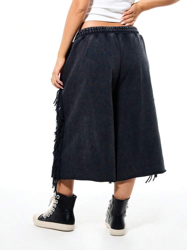 SUMWON WOMEN Womens Washed Denim Wide Leg Bermuda Jorts With Fringe Detail Elastic Waist Casual Summer Shorts