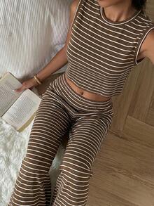 SHEIN EZwear 女士条纹针织休闲两件套，夏季 - 棕色 - 查看 4