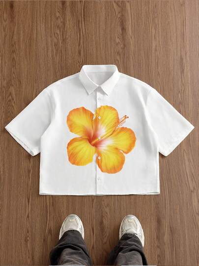 SWAVVY Men's Positioning Digital Print Short Sleeve Shirt, Spring/Summer, Hawaii Shirt, Flower Shirt