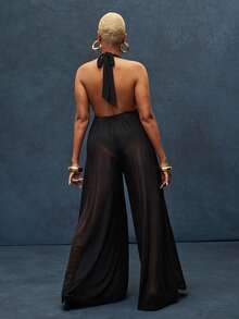 Bộ jumpsuit lưới dày dặn, cổ khoét sâu, lưng hở, kiểu yếm, ống rộng. - màu đen - Xem 2