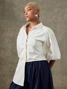 Vixey Áo sơ mi cài cúc cổ nhọn, vạt trước ngắn vạt sau dài không đối xứng - Màu be - Xem 5