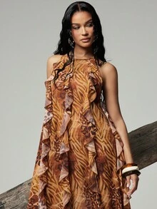Hauture Women's Sexy Abstract Animal Print Layered Ruffle Hem Halter Neck Maxi Dress - Brown - View 4