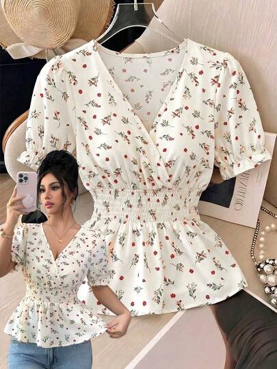 Elenzga Women's Apricot Base Red Floral Print Shirred Waist Gathered Puff Sleeve Blouse, Elegant And Charming, Suitable For Birthday, Carnival, Labor Day, Back To School, Travel, Beach, Street Style In Summer