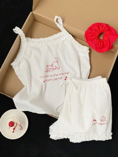 Comfortcana 女士字母猫咪印花上衣和抽绳短裤两件套休闲装