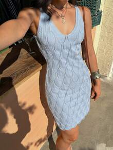 Selianne New Fashionable Sexy Cinched Waist Hollow Out Spaghetti Strap Beach Vacation Style Women Knit Dress, Spring/Summer - Blue - View 3