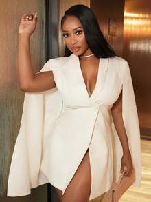 Chea Andrea Spring/Summer Romantic Women's White Cape Collar Elegant Blazer Dress,Sweet&Elegant Outfit For Sweet Date Night &Wedding Guest Dress Women &Holiday & Graduation Dress&Daily Commuting&Vacation&Garden Parties & Concert Outfit Women In Fall/Winter - White - View 4