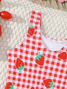 Souflis Souflis Traje de baño de una pieza con cuello redondo, estampado de fresas a cuadros, adecuado para nadar, vacaciones de verano, playa, piscina, fiesta para niñas jóvenes - Rojo - Ver 4