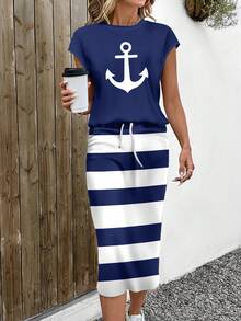 SHEIN LUNE Women's Anchor Print Cap Sleeve T-Shirt And Striped Mini Skirt Casual Suit, Summer - Multicolor - View 5