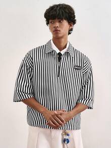 TOKVUE TOKUVE 男士休闲 Polo 衫，年轻时尚的拉链门襟 Polo 衫，简约休闲条纹面料，日常穿着，灵感源自 ，短袖 Polo 衫，适合音乐节、度假和日常穿搭，男士休闲衬衫，居家休闲，度假文化，个性化定制，送给丈夫或男友的礼物 - 黑色 - 查看 4