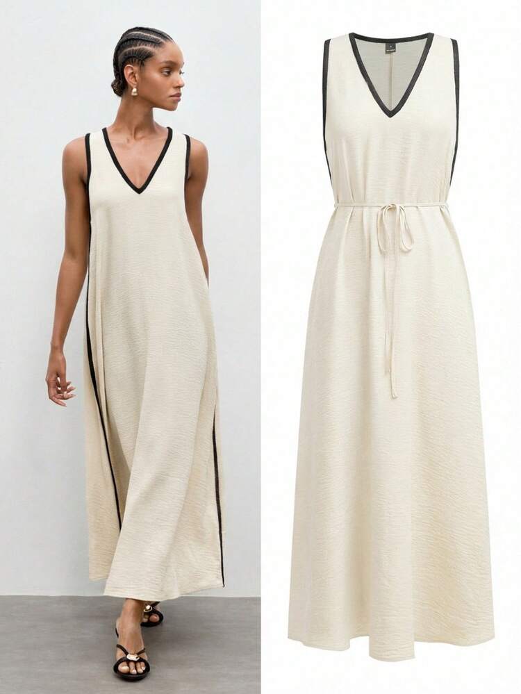 SHEIN Maija Outfit Deas For Dress,2026 Summer Vacation Women's Casual Sleeveless Color Block Trim Dress,Going Out Outfits, Casual Women's Dresses , Vacation Outfits Women Textured Dress Dress Midi V-Neck Midi Dress Sleeveless Dress,Vacation Outfits Women,Summer Holiday Outfits ,Beach Vacation Outfits For Women V-Neck Dress Women's Dress Long Dress New In Dresses