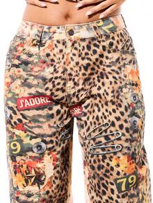 SUMWON WOMEN Women Mixed Animal Print Wide Leg Jeans With Collage Graphics Text And Pin Details - Multicolor - View 4