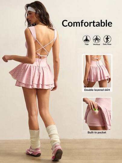 VARSIVA Summer Dress.  Polka Dot Pink Sleeveless Women's Sporty Dress, Vanilla Style Dress. Boat Neck And Open Back With Tie Details, Elegant Mini Dress With Double-Tiered Skirt. Suitable For Fitness Activities, Tennis, Pilates, Yoga, Running, And Everyday Wear, Perfect For Spring, Summer, And Autumn.