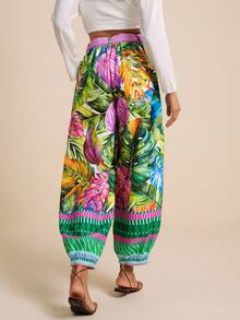 LOTSLUV Women's Floral Tropical Palm Leaf Print Harem Pants With Magenta Belt, Summer Boho Beach Vacation Holiday Tropical, Whimsical Trousers - Green - View 2