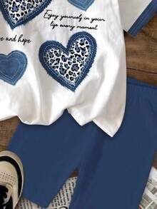 少女豹纹爱心印花宽松休闲撞色条纹短袖超大T恤和打底裤两件套，适合夏季、Y2K风格、儿童舒适、儿童日常时尚、儿童套装、澳大利亚夏季穿搭、Blossom Vogue、秋季新款、返校季时尚、平价时尚、日本周末穿搭、澳大利亚夏季穿搭、甜美风格、舒适的春夏款式、轻松舒适、情人节、度假、女孩套装、少女服装 - 彩色 - 查看 6