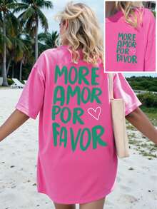 DrmWander Women's Casual Loose Letter Print Round Neck Short Sleeve T-Shirt, Summer - Hot Pink - View 1