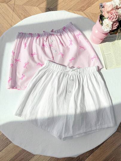 SHEIN 2 st/set tonårsflickors linne enfärgade och randiga rosettshorts, sommarkläder, semester, shorts för sommaren, strandsemester