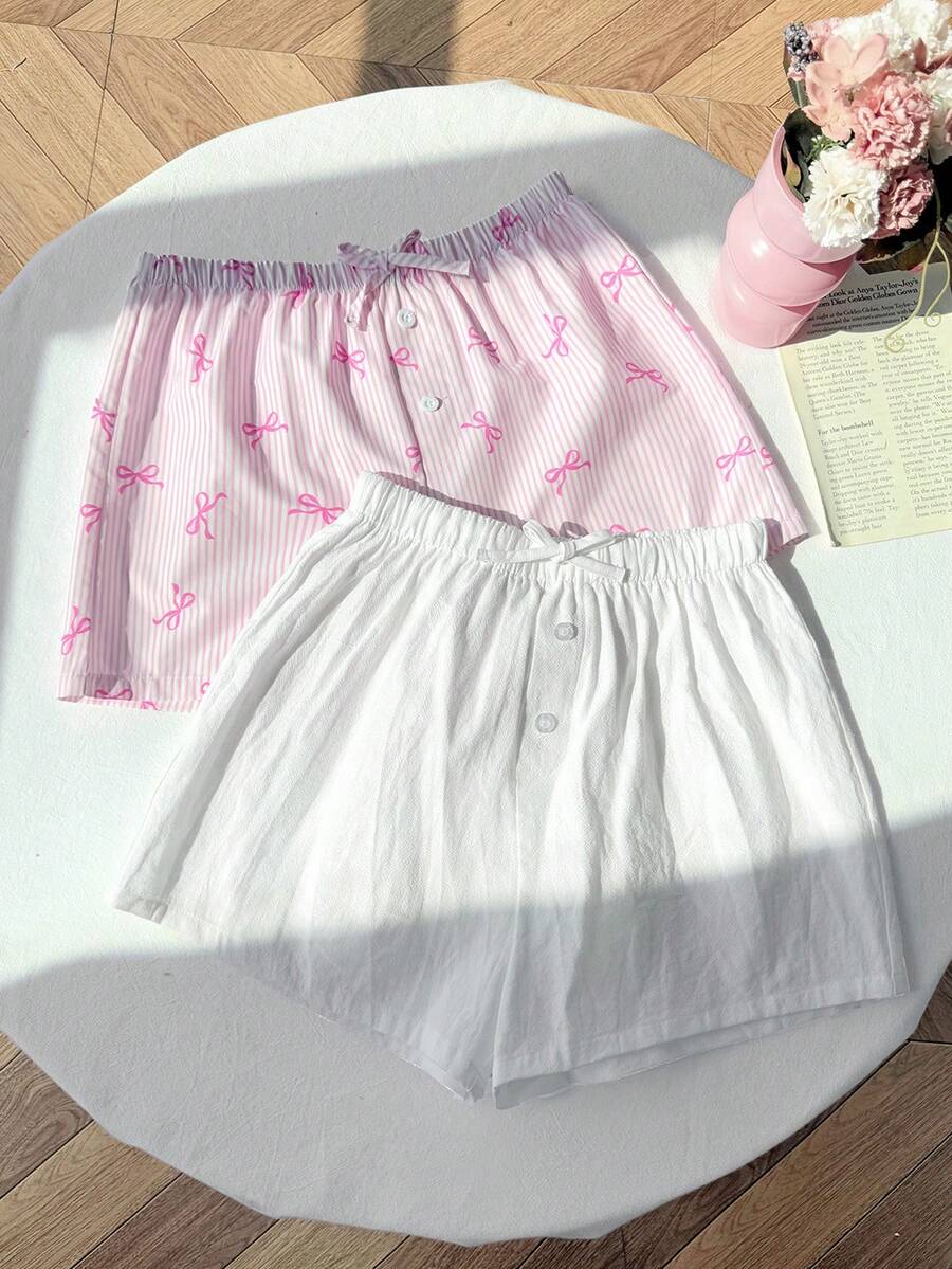 SHEIN Bộ 2 quần short vải lanh trơn màu và in họa tiết nơ kẻ sọc dành cho thiếu nữ, thích hợp mặc mùa hè, đi nghỉ mát, đi biển. - Hồng - Xem 1
