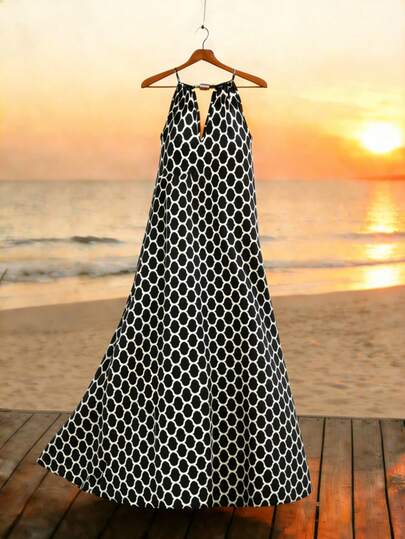 Breezaya 大码休闲通勤优雅长款A字印花连衣裙，春夏秋季