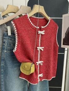 Franclia New Korean Design Contrast Stitching Layered Knit Vest For Women, Fashionable Casual Sleeveless Cardigan Sweater Top For Autumn/Winter - Redwood - View 7