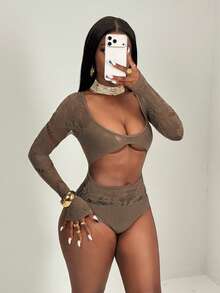 BamGleam Body de manga larga sexy con diseño de encaje calado para mujer - Marrón - Ver 3