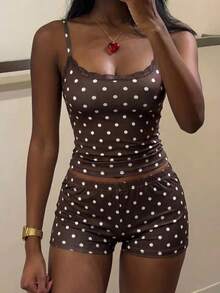 SHEIN EZwear 女士休闲蕾丝拼接波点吊带背心和短裤套装 - 咖啡棕 - 查看 10