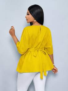 SOLERSUN Plus Size Women's Early Spring And Summer Dresses, Elegant Vacations, Casual Short Sleeves, Raglan Sleeves, Bat Sleeves, T-Shirts, Waist Belts, Woven Fabrics With Yellow Front Pleats, Daily Collocation, Shopping, Dating, Spring Break, Valentine's Day, And Fashionable Commuting. Yellow Summer Top Yellow Top Blouse Yellow Top For Women Elegant Blouse For Women Casual Elegant Latest Tops For Women New Arrivals - Mustard Yellow - View 2