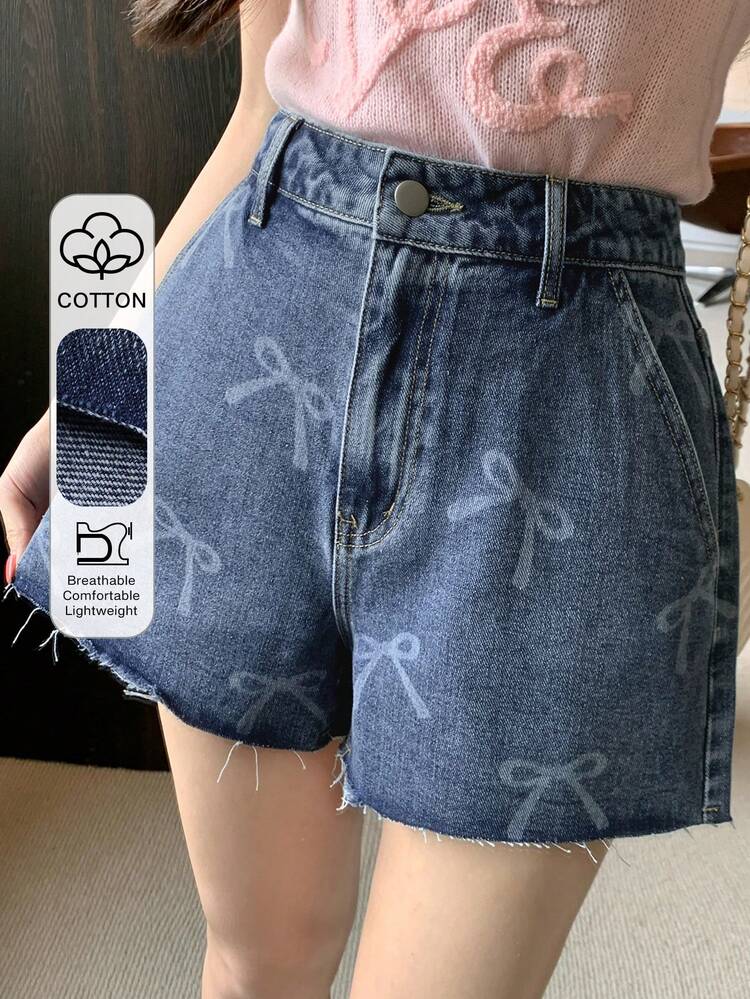 Women's Vintage Washed Bow Print Straight Leg Casual Jeans, Loose Fit Streetwear Music Festival Denim Shorts, Suitable For Summer & Spring Jorts