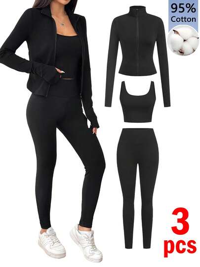 SHEIN EZwear 女士95%纯棉黑色针织拉链开衫+吊带背心+运动裤三件套运动服 - 适合春夏季运动、健身、上学、瑜伽、居家、休闲穿着，也适合网球、羽毛球、篮球、徒步、骑行和露营等活动。