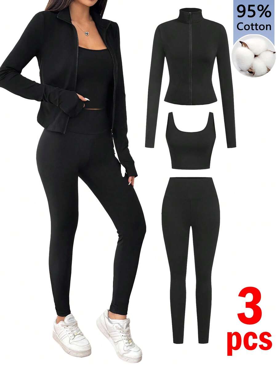 SHEIN EZwear 女士95%纯棉黑色针织拉链开衫+吊带背心+运动裤三件套运动服 - 适合春夏季运动、健身、上学、瑜伽、居家、休闲穿着，也适合网球、羽毛球、篮球、徒步、骑行和露营等活动。 - 彩色 - 查看 1