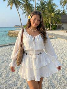 SHEIN ICON Đầm chữ A dáng xòe xếp ly, cổ chữ V, thắt eo, cỡ lớn, phong cách boho, thích hợp mặc đi nghỉ mát, mùa xuân. - Màu be - Xem 4